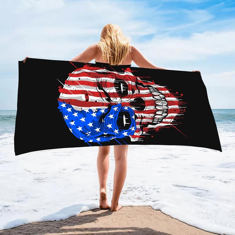 Skull American Flag Pattern Beach Towel, Beach Blanket, Mat, Quick Drying Soft Bath Towel, Portable Lightweight Comfortable Beach Towel, Beach Blanket, Mat, Absorbent Towel for Swimming Pool, Beach Trip, Travel Essentials, Vacation Sets, Gifts