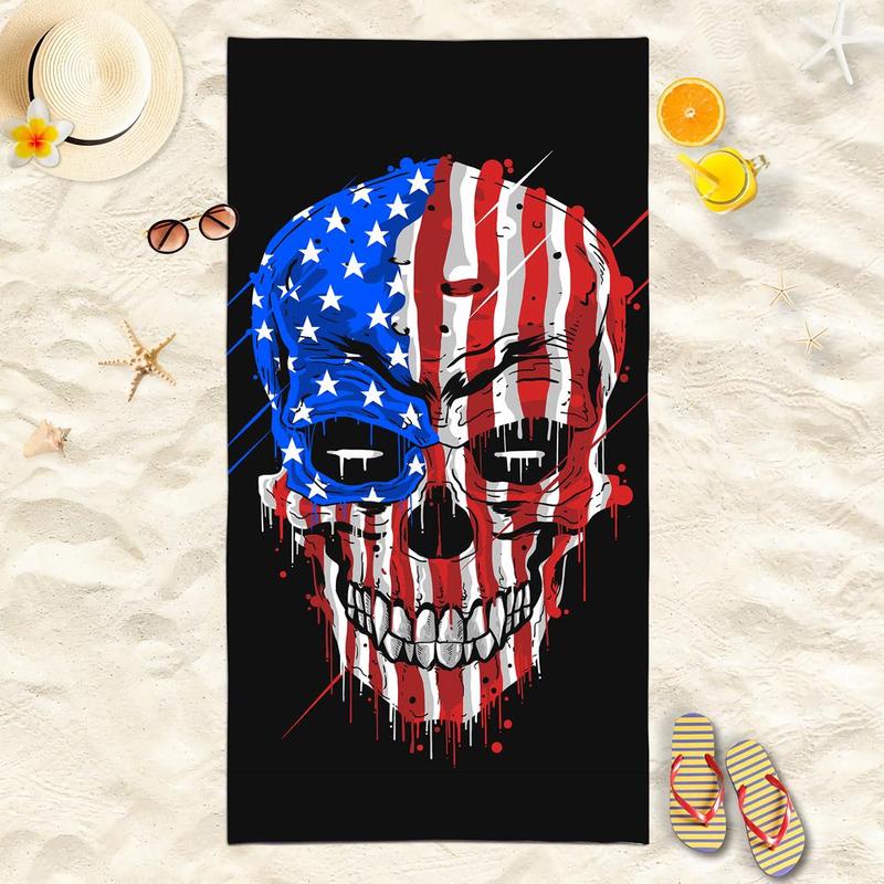 Skull American Flag Pattern Beach Towel, Beach Blanket, Mat, Quick Drying Soft Bath Towel, Portable Lightweight Comfortable Beach Towel, Beach Blanket, Mat, Absorbent Towel for Swimming Pool, Beach Trip, Travel Essentials, Vacation Sets, Gifts