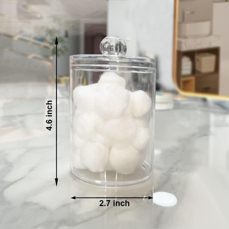 4 Pack Holder Dispenser for Cotton Ball, Cotton Swab, Cotton Round Pads, Floss - 10 oz Clear Plastic Apothecary Jar Set for Bathroom Canister Storage Organization, Vanity Makeup Organizer Bottles Tin