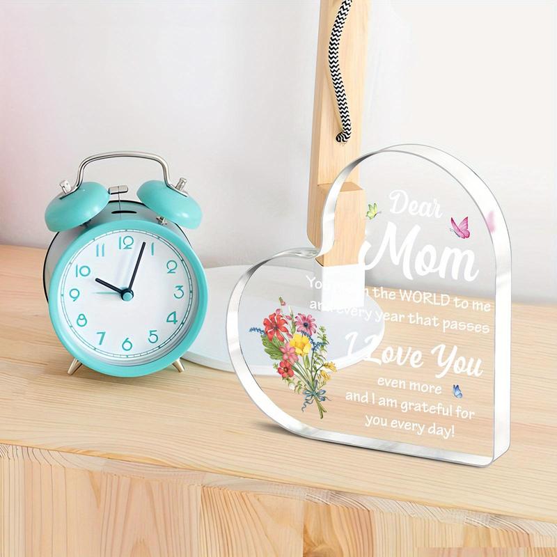 Floral & Letter Pattern Heart Shaped Acrylic Ornament, 1 Count Creative Desktop Ornament, Festive Decoration Ornament for Home Office Room Bedroom