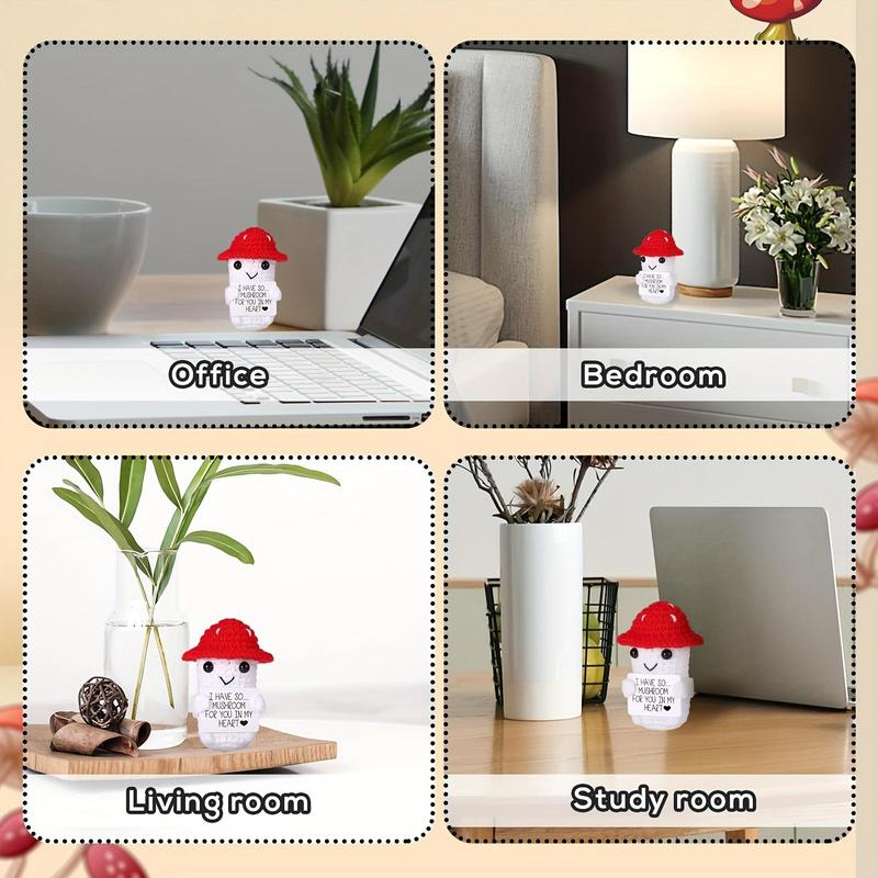 Mushroom Design Crochet Doll Decor, 1 Count Cute Mushroom Doll with Inspirational Card, Crochet Lucky Gift for Birthday Party Decoration