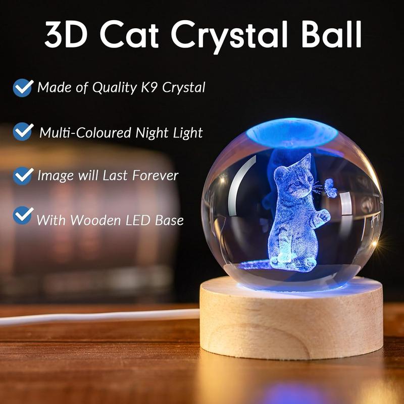 3D Cat Themed Gifts for Women Decor for Cat Lovers Cat Mom Crystal Ball Cat Related Sympathy Figurines Presents with Wooden Light Base