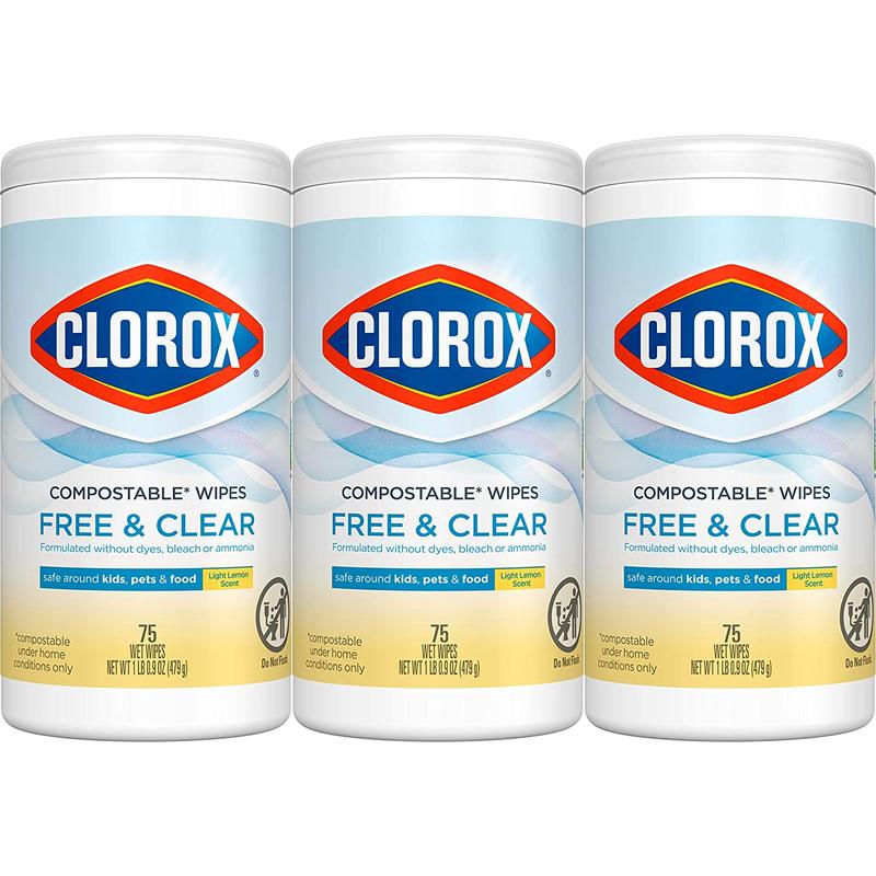 Clorox Free & Clear Compostable Cleaning Wipes, Light Lemon Scent, 75 Count, Pack of 3 (Pack May Vary) Clorox Clorox Clorox