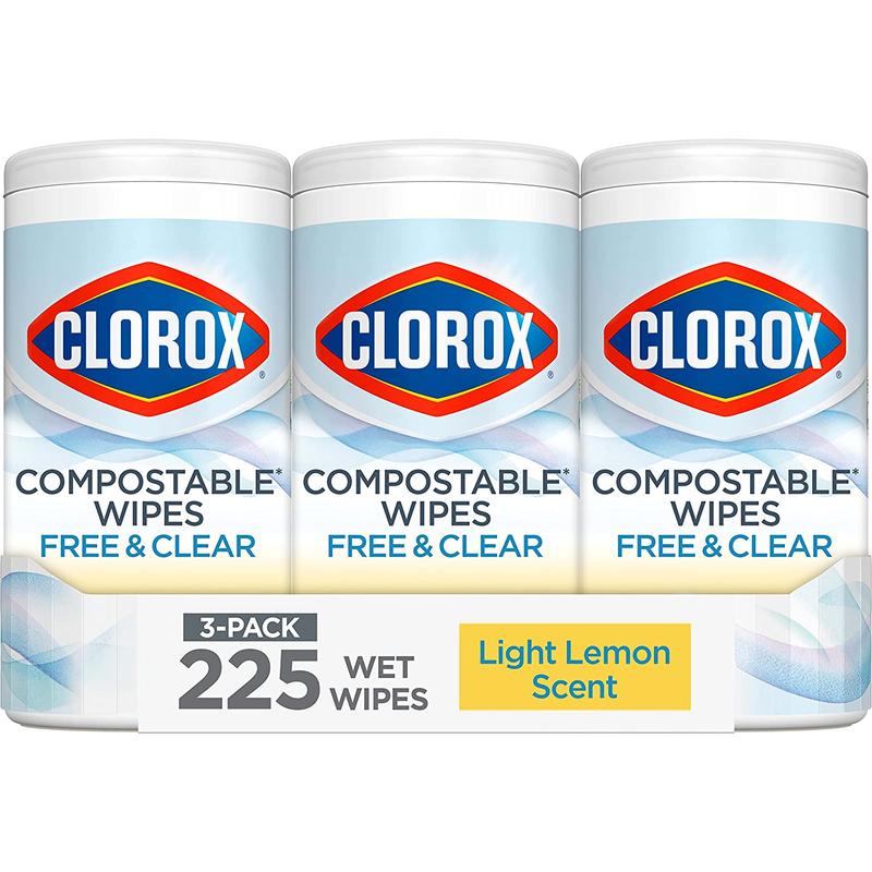 Clorox Free & Clear Compostable Cleaning Wipes, Light Lemon Scent, 75 Count, Pack of 3 (Pack May Vary) Clorox Clorox Clorox