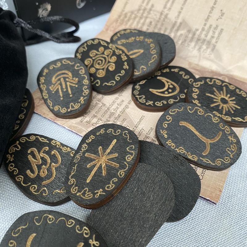 Wooden Viking Rune Set, 14pcs set Engraved Energy Stone Runas for Altar Divination Spiritual Mediation, Wiccan Witch, Christmas Gift