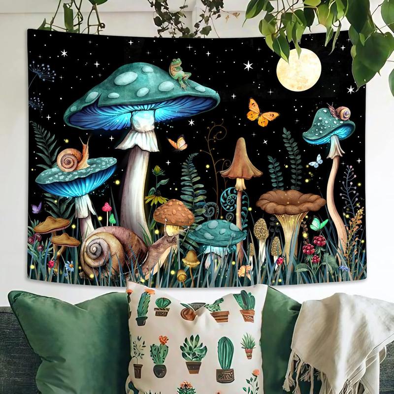 Zussun Teal Mushroom Tapestry Moon Star Tapestries for Bedroom Aesthetic Starry Night Green Plant Tapastrys Wall Hanging Butterfly Snail Frog Wall Tapestry for Living Room Dorm (Green, 48