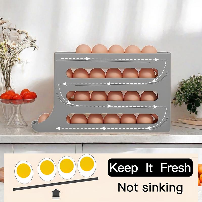 Grey 30-Egg Refrigerator Organizer, Egg Storage Box, Auto-Rolling Egg Dispenser, Space-Saving 4-Tier Egg Holder, Large Capacity Egg Storage Rack