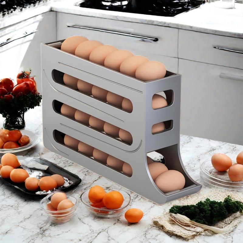 Grey 30-Egg Refrigerator Organizer, Egg Storage Box, Auto-Rolling Egg Dispenser, Space-Saving 4-Tier Egg Holder, Large Capacity Egg Storage Rack