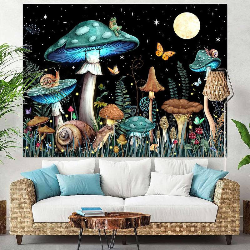 Zussun Teal Mushroom Tapestry Moon Star Tapestries for Bedroom Aesthetic Starry Night Green Plant Tapastrys Wall Hanging Butterfly Snail Frog Wall Tapestry for Living Room Dorm (Green, 48