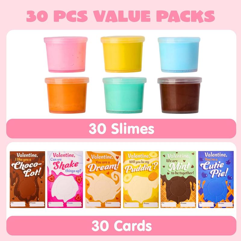 30 Packs Valentines Day Cards with Butter Slime, 6 Colors Valentines Slime Party Favors, Stress Relief Fidget Toys and Gift Cards for Kids Valentine's Day Classroom Exchange Gift, Prizes