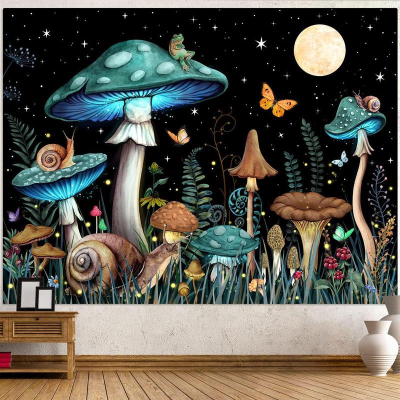 Zussun Teal Mushroom Tapestry Moon Star Tapestries for Bedroom Aesthetic Starry Night Green Plant Tapastrys Wall Hanging Butterfly Snail Frog Wall Tapestry for Living Room Dorm (Green, 48