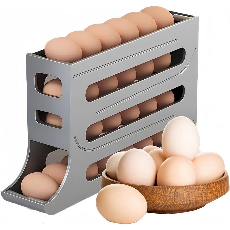 Grey 30-Egg Refrigerator Organizer, Egg Storage Box, Auto-Rolling Egg Dispenser, Space-Saving 4-Tier Egg Holder, Large Capacity Egg Storage Rack