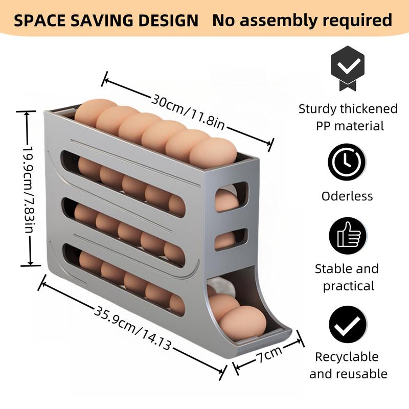 Grey 30-Egg Refrigerator Organizer, Egg Storage Box, Auto-Rolling Egg Dispenser, Space-Saving 4-Tier Egg Holder, Large Capacity Egg Storage Rack