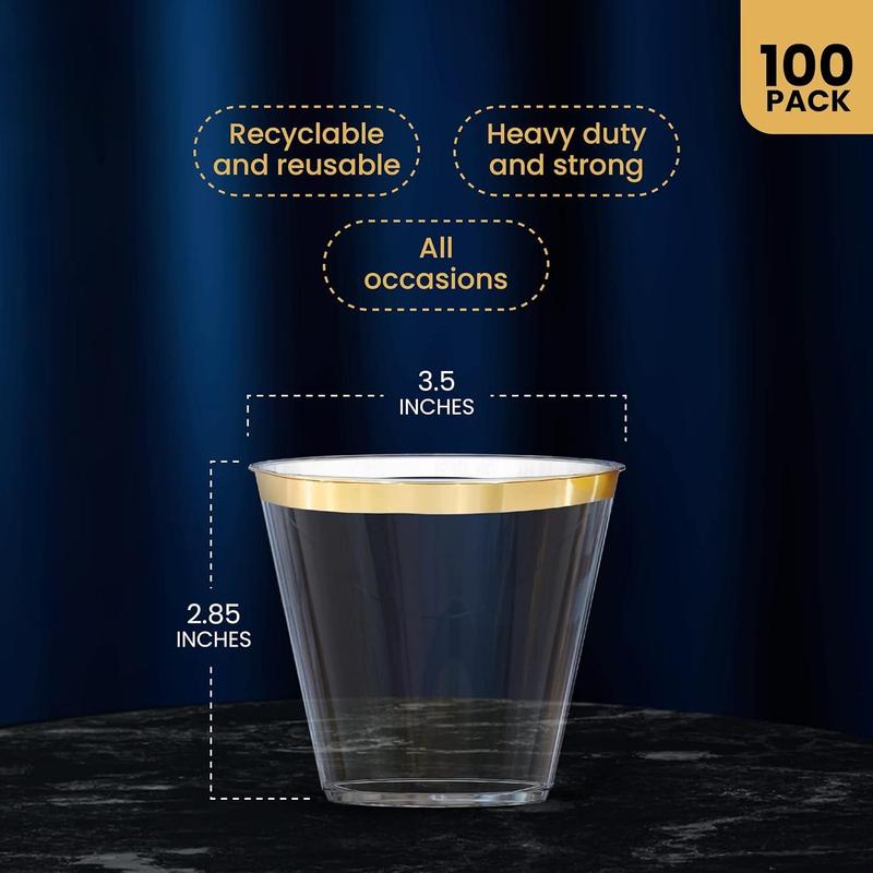 100 Pack Gold Plastic Cups For Party - Plastic Cups 9 oz - Party Cups Disposable - Premium Heavy Duty Gold Cups - Disposable Wine Glasses For Wedding - Plastic Wine Glasses Disposable Cups