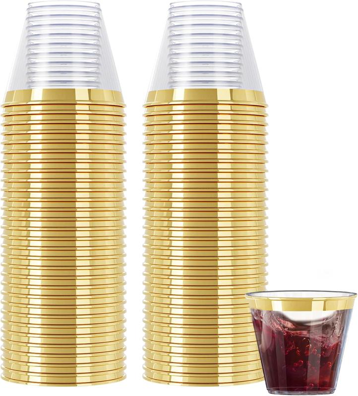 100 Pack Gold Plastic Cups For Party - Plastic Cups 9 oz - Party Cups Disposable - Premium Heavy Duty Gold Cups - Disposable Wine Glasses For Wedding - Plastic Wine Glasses Disposable Cups