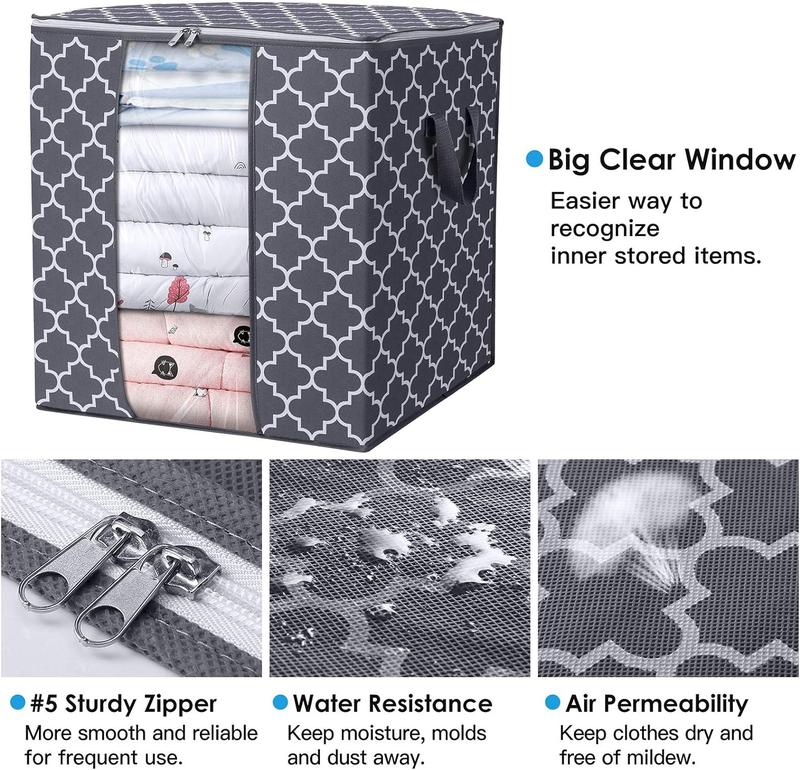 Storage Bags [3 Pack 100L] Large Blanket Clothes Organization and Storage Containers for Comforters,Bedding, Foldable Organizer with Reinforced Handle, Clear Window, Sturdy Zippers,Gray