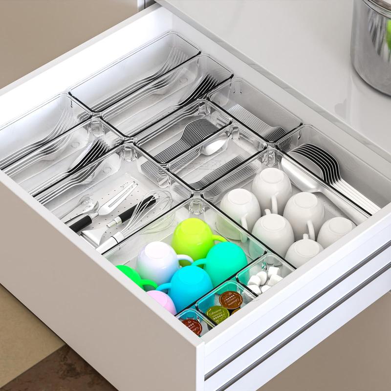 25 Pcs Drawer Organizer Set,4 Sizes Clear Plastic Organization and Storage,Clear Kitchen Drawer Organizer and Vanity Organizer for Kitchen Utensils,Makeup,Jewelry,Snacks,Office,Bathroom