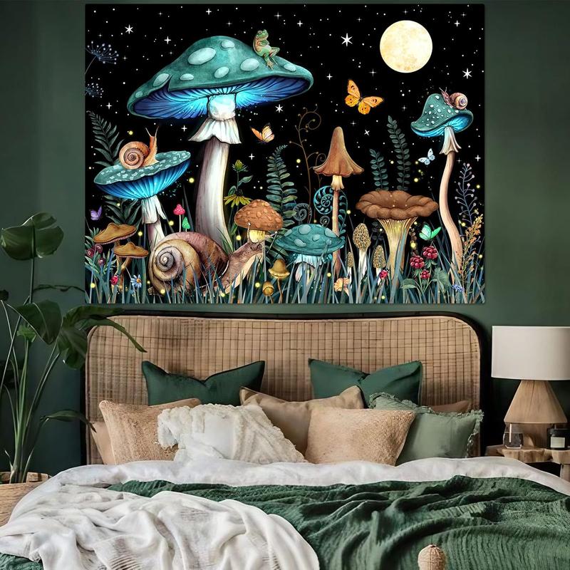 Zussun Teal Mushroom Tapestry Moon Star Tapestries for Bedroom Aesthetic Starry Night Green Plant Tapastrys Wall Hanging Butterfly Snail Frog Wall Tapestry for Living Room Dorm (Green, 48