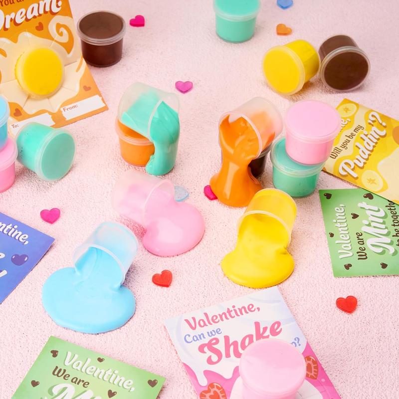 30 Packs Valentines Day Cards with Butter Slime, 6 Colors Valentines Slime Party Favors, Stress Relief Fidget Toys and Gift Cards for Kids Valentine's Day Classroom Exchange Gift, Prizes