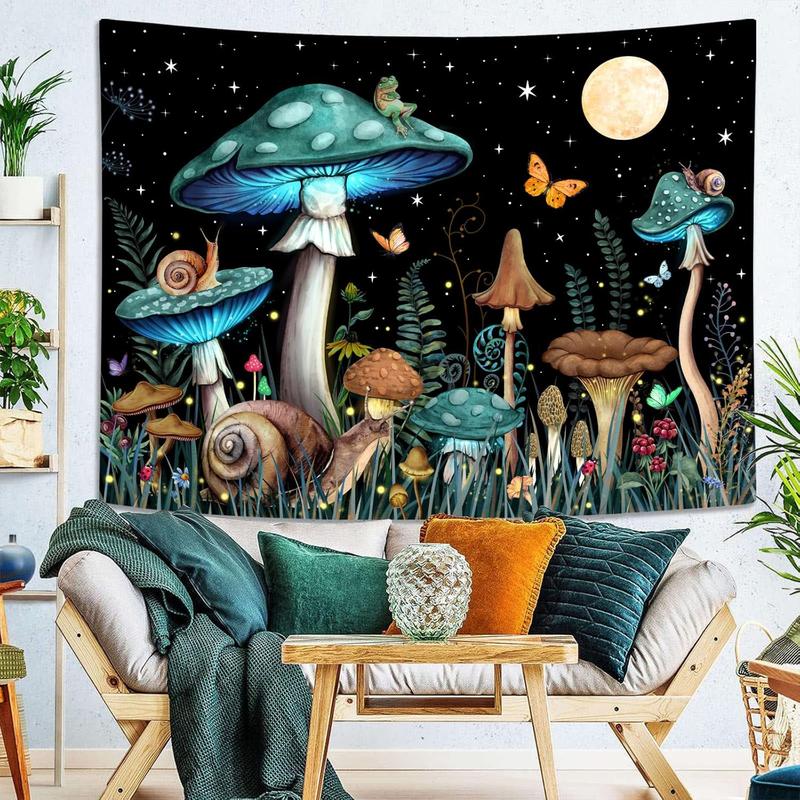 Zussun Teal Mushroom Tapestry Moon Star Tapestries for Bedroom Aesthetic Starry Night Green Plant Tapastrys Wall Hanging Butterfly Snail Frog Wall Tapestry for Living Room Dorm (Green, 48