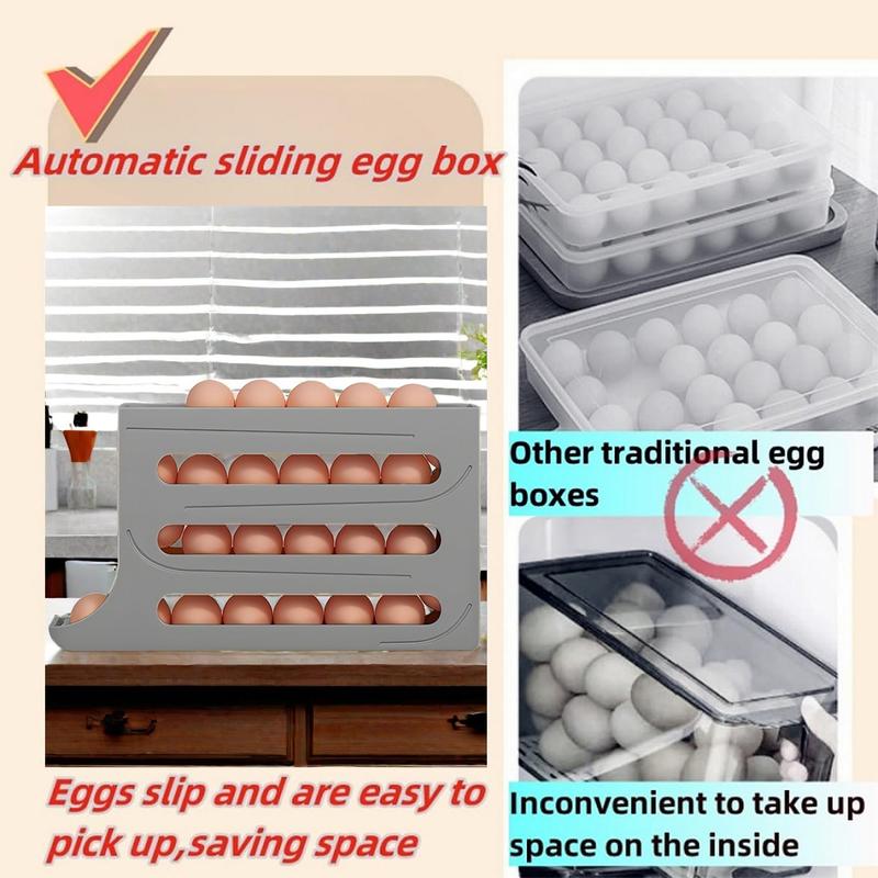 Grey 30-Egg Refrigerator Organizer, Egg Storage Box, Auto-Rolling Egg Dispenser, Space-Saving 4-Tier Egg Holder, Large Capacity Egg Storage Rack