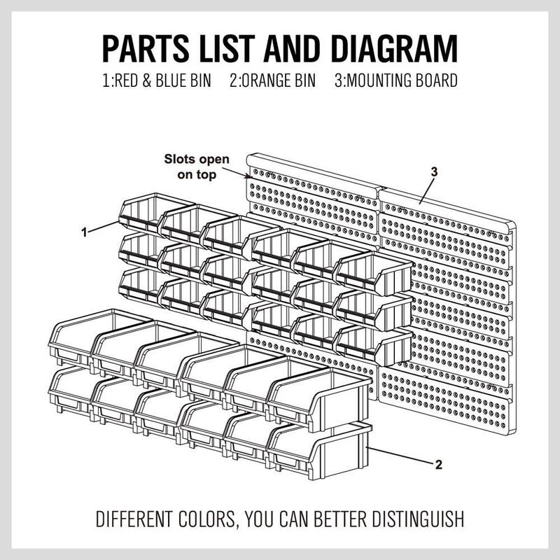 HORUSDY Wall Mounted Storage Bins Parts Rack 30PC Organizer Garage Plastic Shop Tool for Men's Gift, Blue,Orange,Red