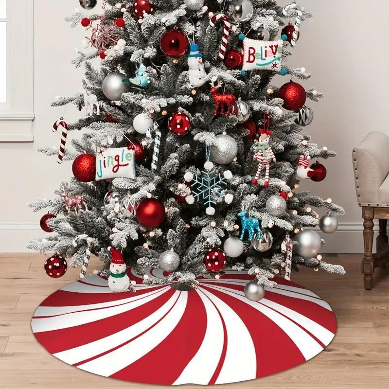 Candy Cane Pattern Christmas Tree Skirt, 1 Count Round Traditional Christmas Tree Skirt, Holiday Decoration, Christmas Decor Supplies, Home Decor, Room Decor, Gift Ideas