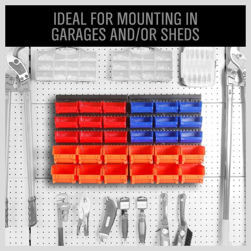 HORUSDY Wall Mounted Storage Bins Parts Rack 30PC Organizer Garage Plastic Shop Tool for Men's Gift, Blue,Orange,Red