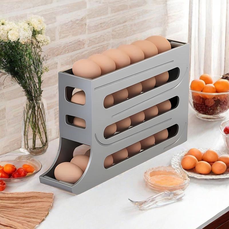 Grey 30-Egg Refrigerator Organizer, Egg Storage Box, Auto-Rolling Egg Dispenser, Space-Saving 4-Tier Egg Holder, Large Capacity Egg Storage Rack