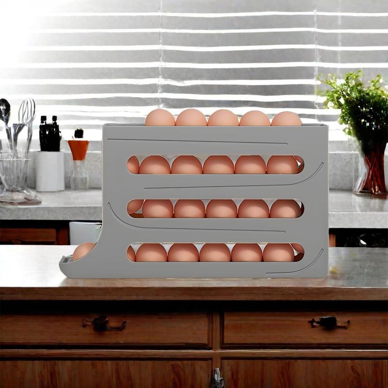 Grey 30-Egg Refrigerator Organizer, Egg Storage Box, Auto-Rolling Egg Dispenser, Space-Saving 4-Tier Egg Holder, Large Capacity Egg Storage Rack