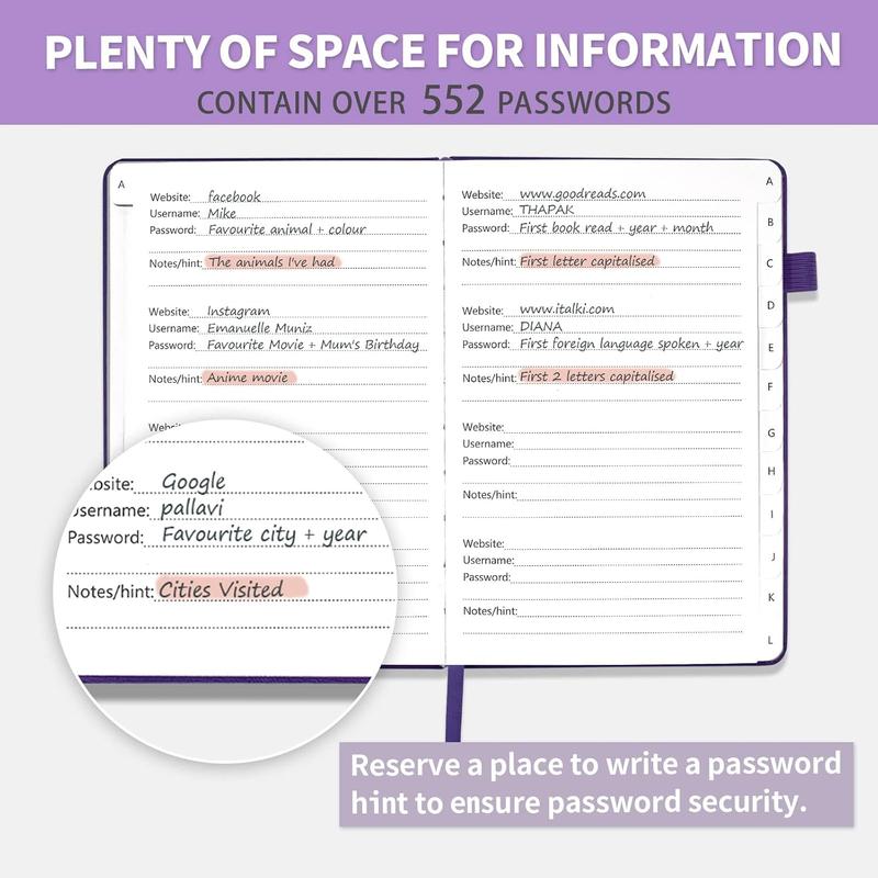 Password Book with Alphabetical Tabs, Hardcover Password Keeper, Password Notebook Organizer for Computer and Internet Address Website Login, Gifts for Home and Office, 4.4''x 5.8''- Purple