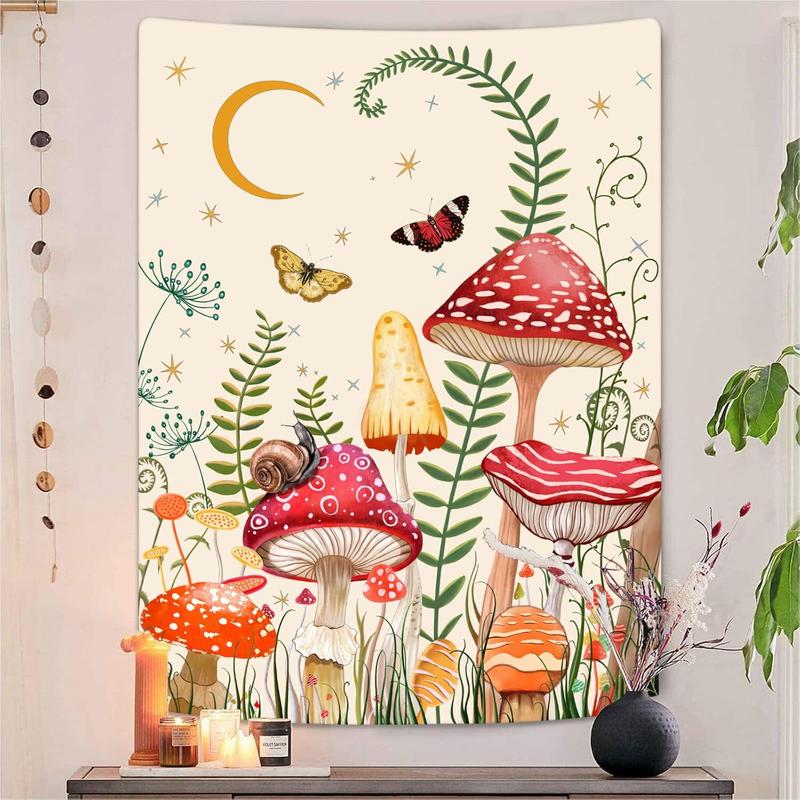 Zussun Teal Mushroom Tapestry Moon Star Tapestries for Bedroom Aesthetic Starry Night Green Plant Tapastrys Wall Hanging Butterfly Snail Frog Wall Tapestry for Living Room Dorm (Green, 48