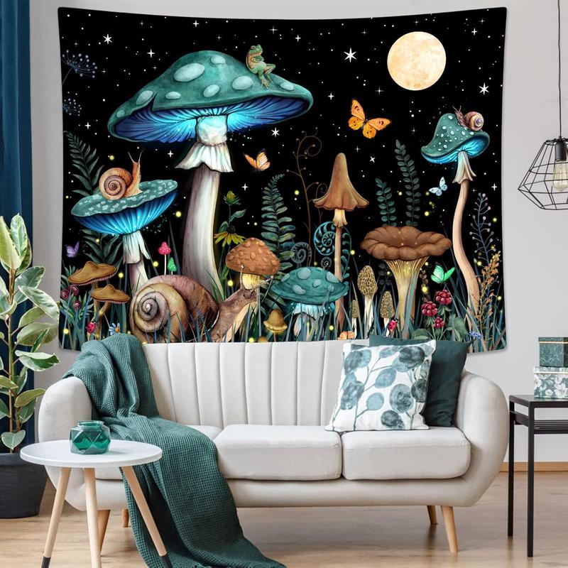 Zussun Teal Mushroom Tapestry Moon Star Tapestries for Bedroom Aesthetic Starry Night Green Plant Tapastrys Wall Hanging Butterfly Snail Frog Wall Tapestry for Living Room Dorm (Green, 48