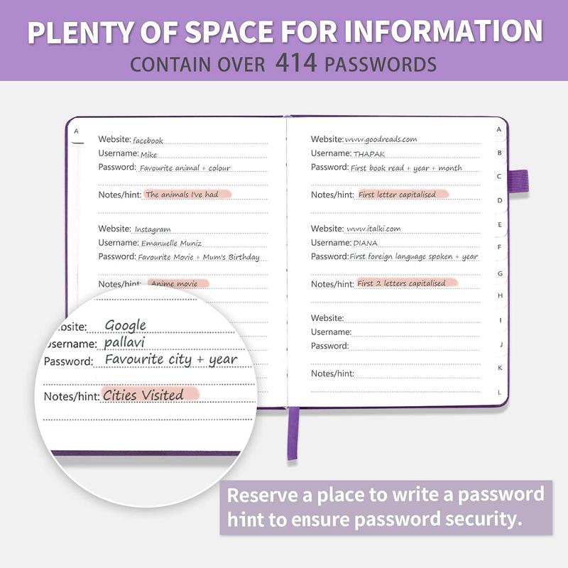 Password Book with Alphabetical Tabs, Hardcover Password Keeper, Password Notebook Organizer for Computer and Internet Address Website Login, Gifts for Home and Office, 4.4''x 5.8''- Purple