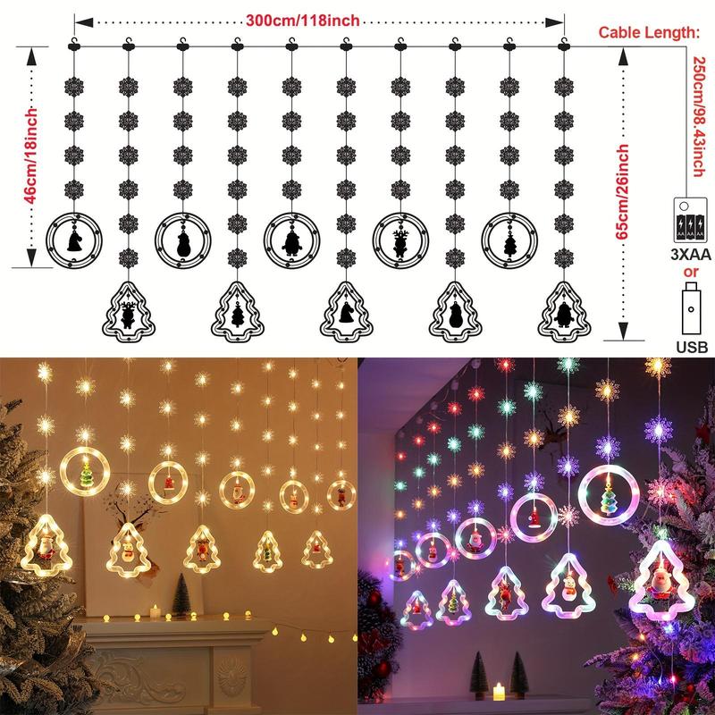 LED Window Curtain Light with Snowflake, USB Operated LED Hanging Ring and Christmas Tree Light with Ornament, Novelty Lighting for Bedroom Wedding Party Wall