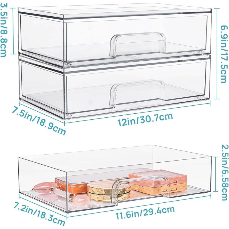 12''W Clear Stackable Storage Drawers,2 Pack Acrylic Plastic Organizers Bins for Makeup Palettes, Cosmetics, and Beauty Supplies,Ideal for Vanity, Bathroom,Cabinet,Desk Organization