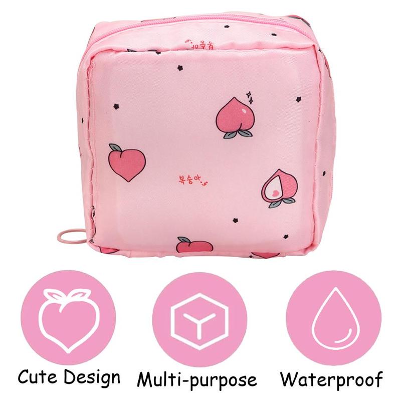 Cute Peach Pattern Sanitary Napkin Storage Bag, Portable Zipper Sanitary Napkin Bag, Sanitary Napkin Organizer Pouch for Women & Girls