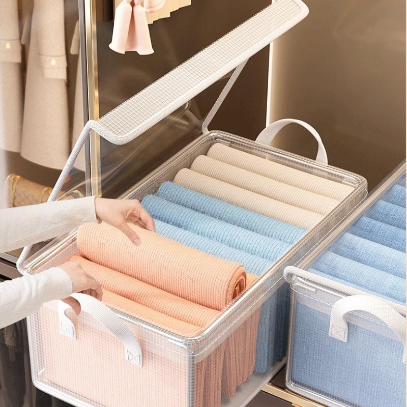 Clear Clothes Storage Box with Handle & Lid, 1 Count Foldable Waterproof Clothes Storage Organizer, Clothes Storage Box for Home Bedroom Wardrobe