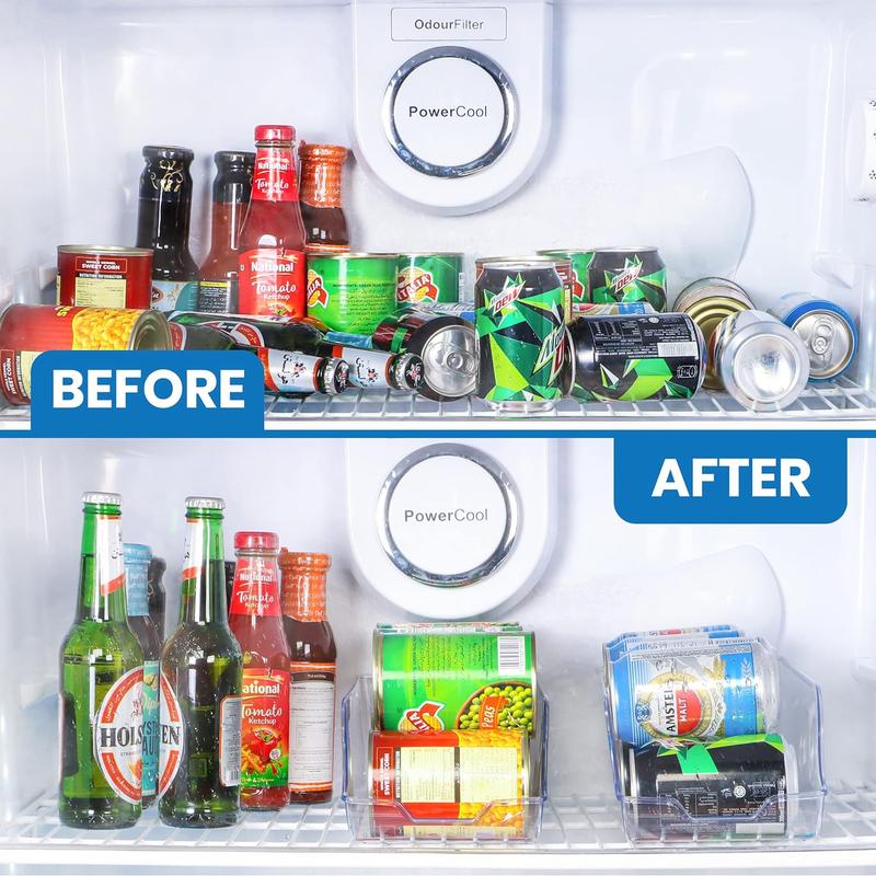 Clear Soda Can Organizer - Fridge Organizer Bins - Set of 4 Drink Organizer For Fridge or Countertop - Soda Can Dispenser For Refrigerator Organizing - Fridge Organization and Storage