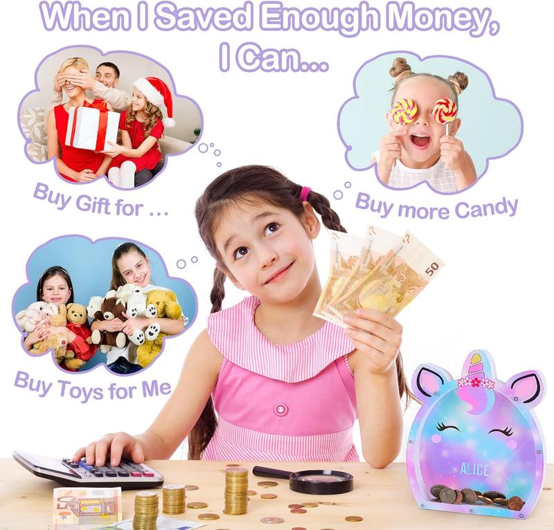 Piggy Bank for  Girls Customize Name  Bank Unicorn Money Bank for Girls, Transparent Piggy Banks for Girls with Letter Stickers