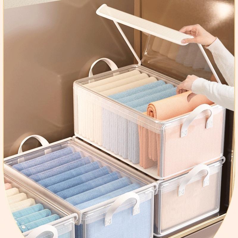 Clear Clothes Storage Box with Handle & Lid, 1 Count Foldable Waterproof Clothes Storage Organizer, Clothes Storage Box for Home Bedroom Wardrobe