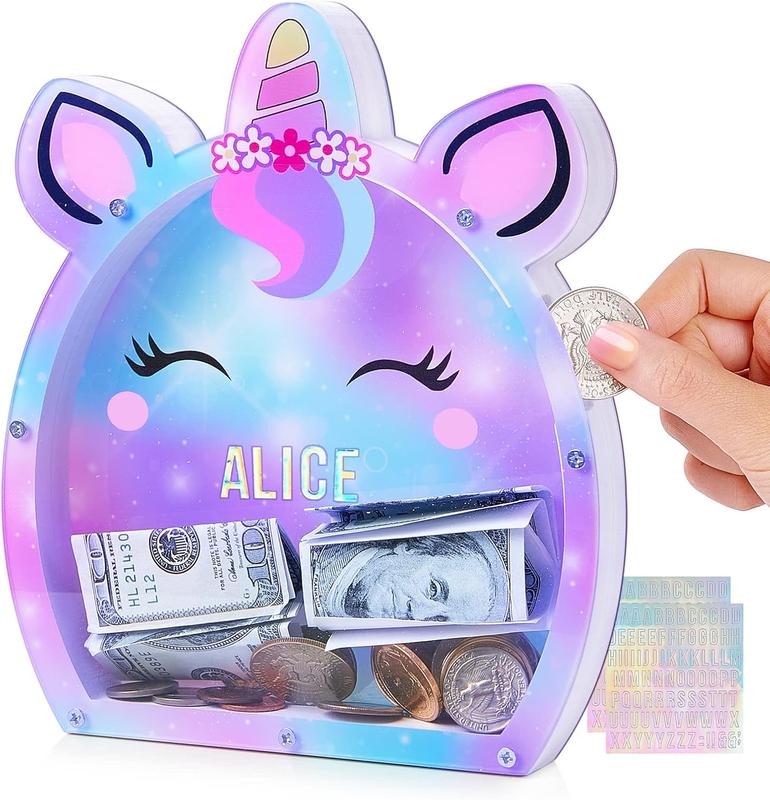 Piggy Bank for  Girls Customize Name  Bank Unicorn Money Bank for Girls, Transparent Piggy Banks for Girls with Letter Stickers