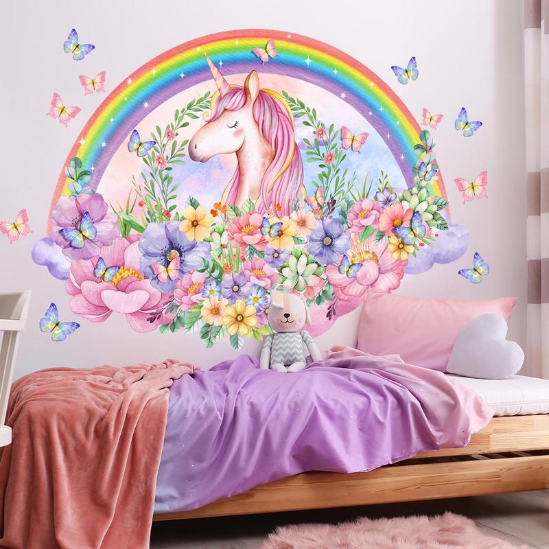 5pcs set Unicorn Rainbow Floral Pattern Wall Sticker, Decorative Sticker For Kids Room Bedroom Living Room, Mean Girls Decorations