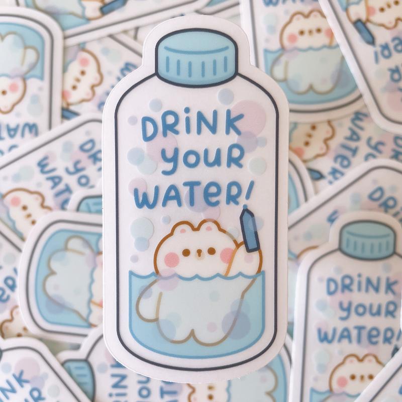 Drink Your Water Rice the Bear Heavy Duty Waterproof Clear Vinyl Sticker