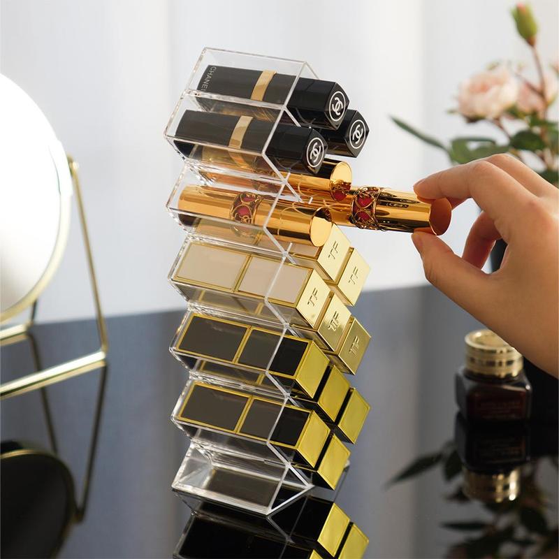 Acrylic Lipstick Holder, 16-space Acrylic Stackable Lipstick Tower, Lip Gloss Storage Stand for Bedroom Dresser, Makeup Vanity Display Organizer