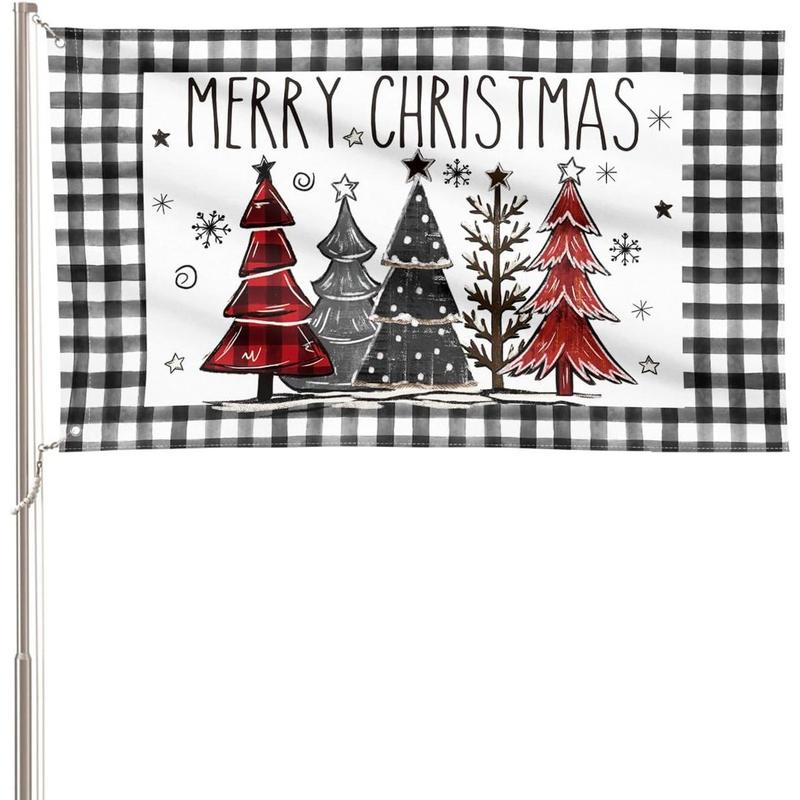 Merry Christmas Tree Flag 3x5 FT Double Sided, Rustic Buffalo Plaid Large House Yard Outdoor Decorative Flag