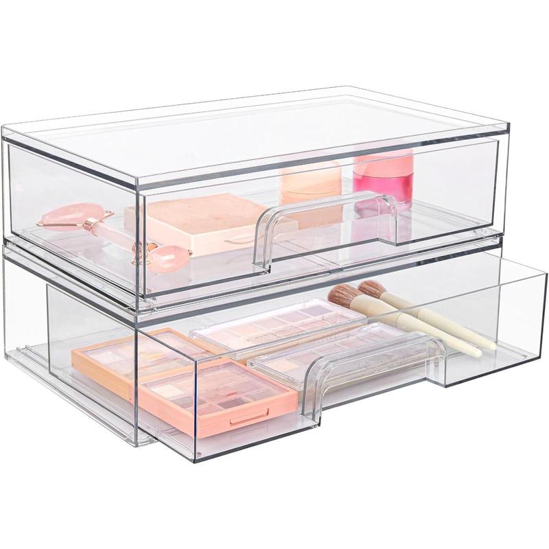 12''W Clear Stackable Storage Drawers,2 Pack Acrylic Plastic Organizers Bins for Makeup Palettes, Cosmetics, and Beauty Supplies,Ideal for Vanity, Bathroom,Cabinet,Desk Organization