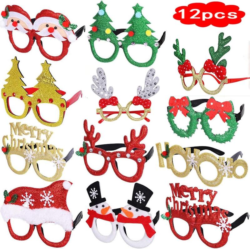 12 count Christmas Glasses Frame Glittered Party Glasses Christmas Decoration Eyeglasses with 12 Designs for Christmas Party Favors,Holiday Favors,Christmas Dinner,Photos Booth