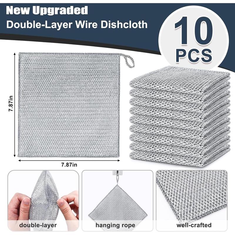 10 Count New Upgrade Steel Wire Dishcloth,Double-Layer Steel Wire Cleaning Cloth,Powerful Cleaning Non-Scratch Wire Dishcloth Rag for Cookware, Sinks, Dishes, Stove Tops