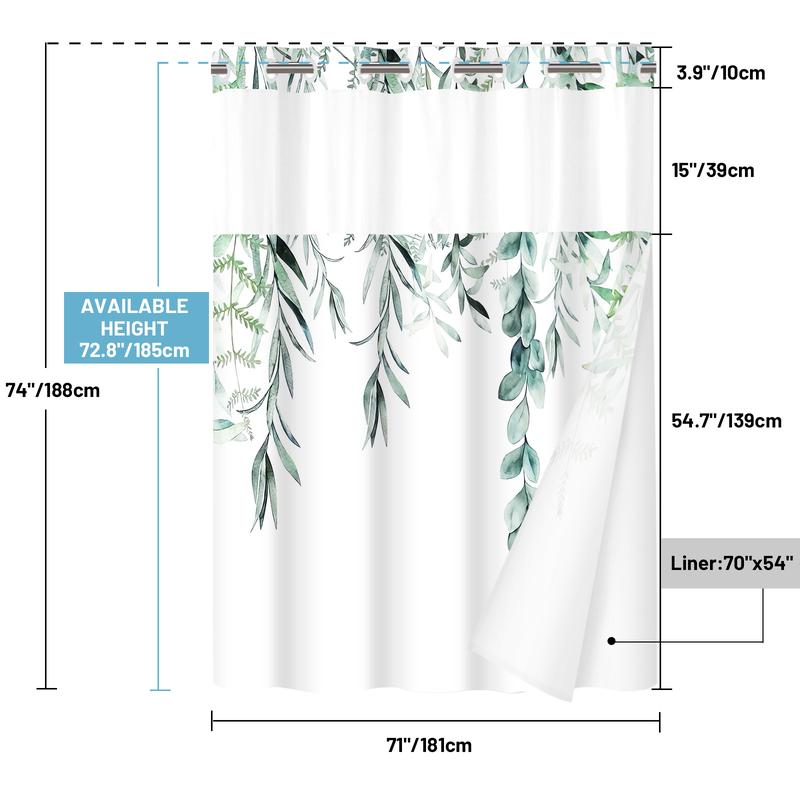 PUNKRAY No Hook Shower Curtain with Snap in Liner - Fabric Waterproof Inner Liner, Plants Watercolor Eucalyptus Leaves Farmhouse Cloth Shower Curtains - Machine Washable, 71 x 74 Inch   71 x 86 Inch